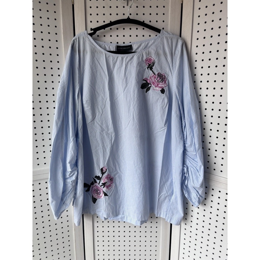 Lane Bryant Womens 18/20 Striped Floral Embroidered Cinch Long SLV Blouse Boho